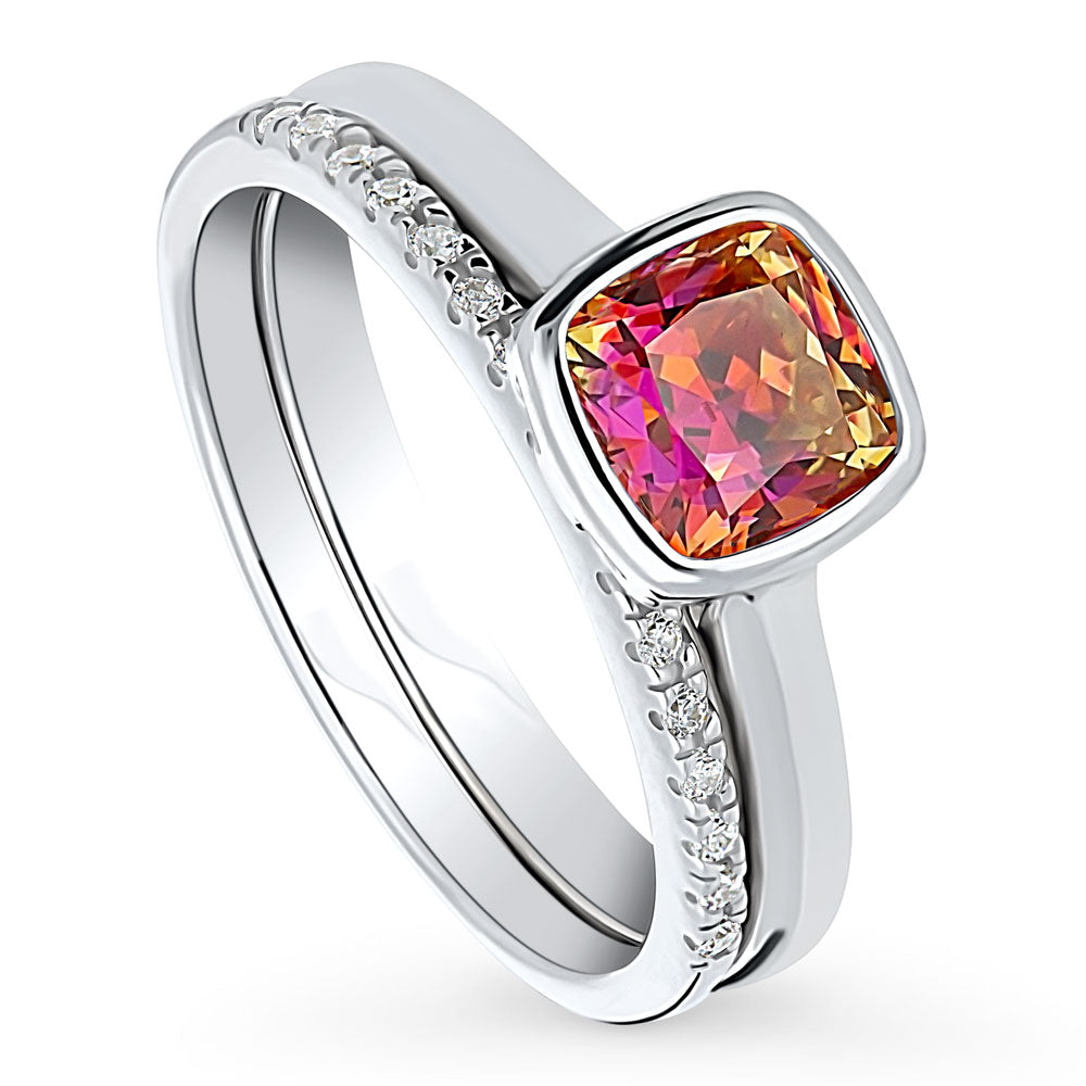 Kaleidoscope Red Orange Bezel Set CZ Ring Set in Sterling Silver