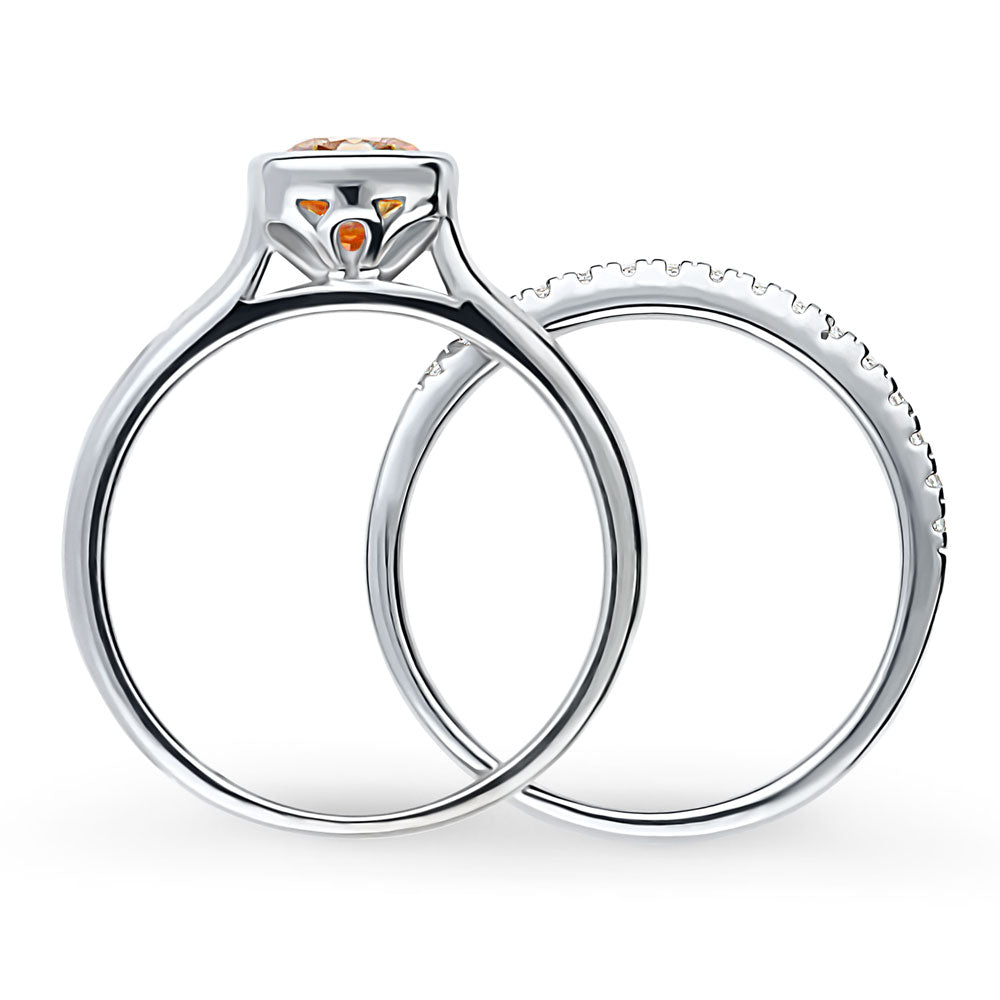 Kaleidoscope Red Orange Bezel Set CZ Ring Set in Sterling Silver