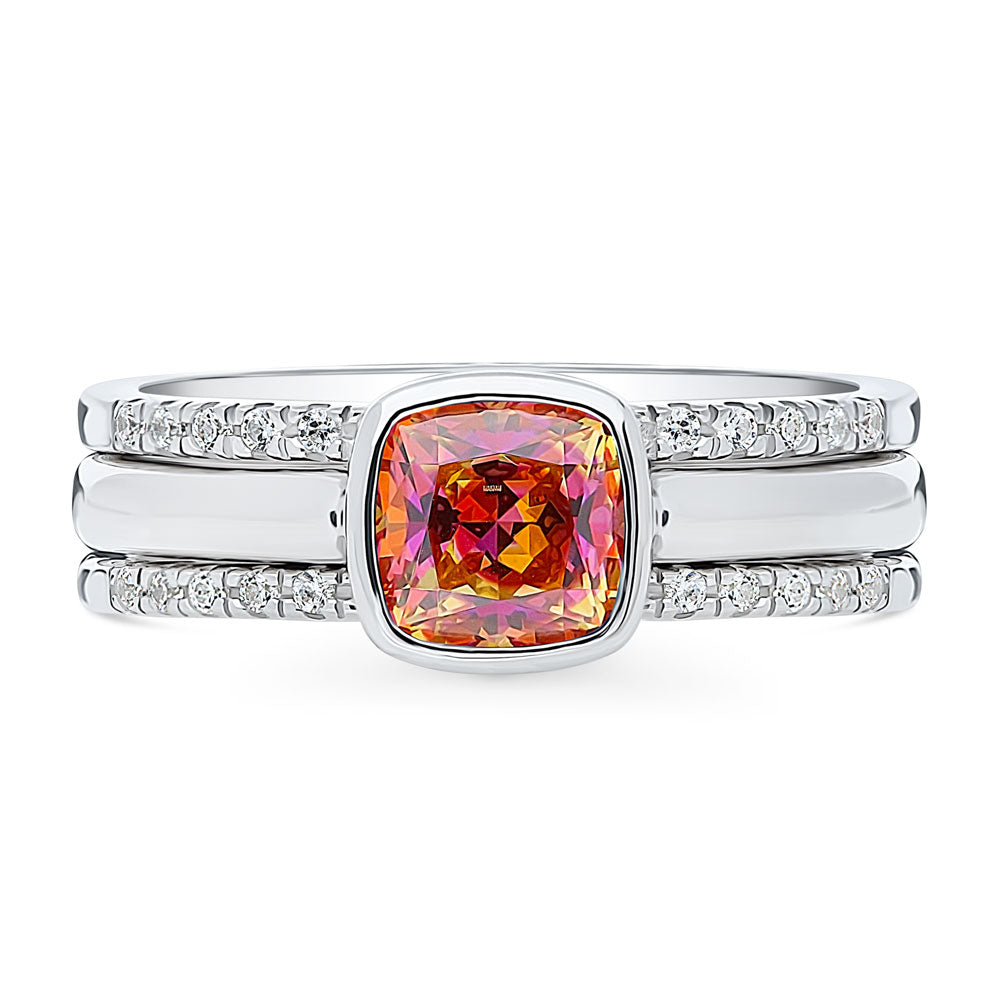 Kaleidoscope Red Orange Bezel Set CZ Ring Set in Sterling Silver