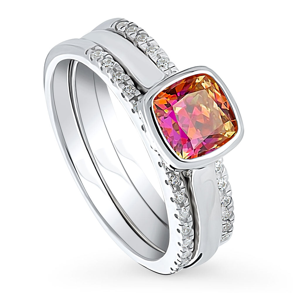 Kaleidoscope Red Orange Bezel Set CZ Ring Set in Sterling Silver