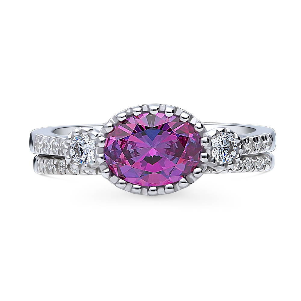 3-Stone Purple Oval CZ Ring Set in Sterling Silver