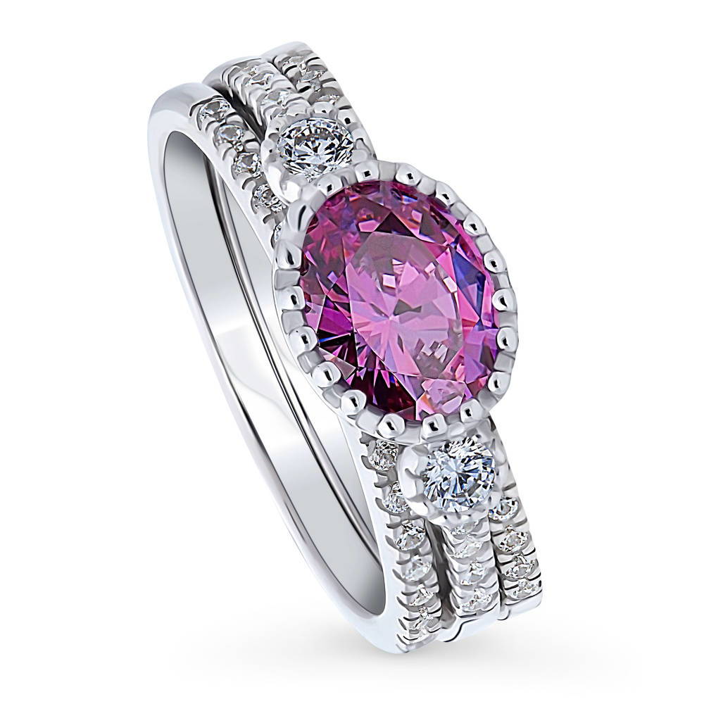 3-Stone Purple Oval CZ Ring Set in Sterling Silver