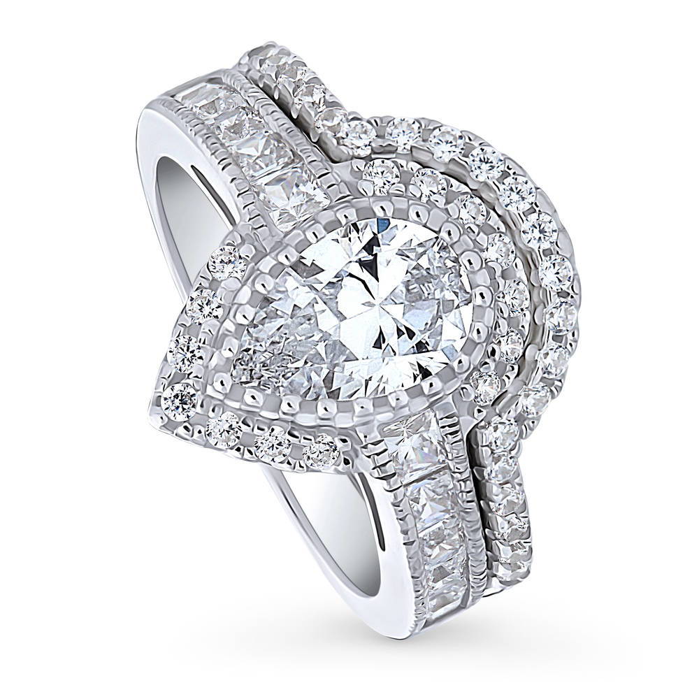 Halo Milgrain Pear CZ Ring Set in Sterling Silver
