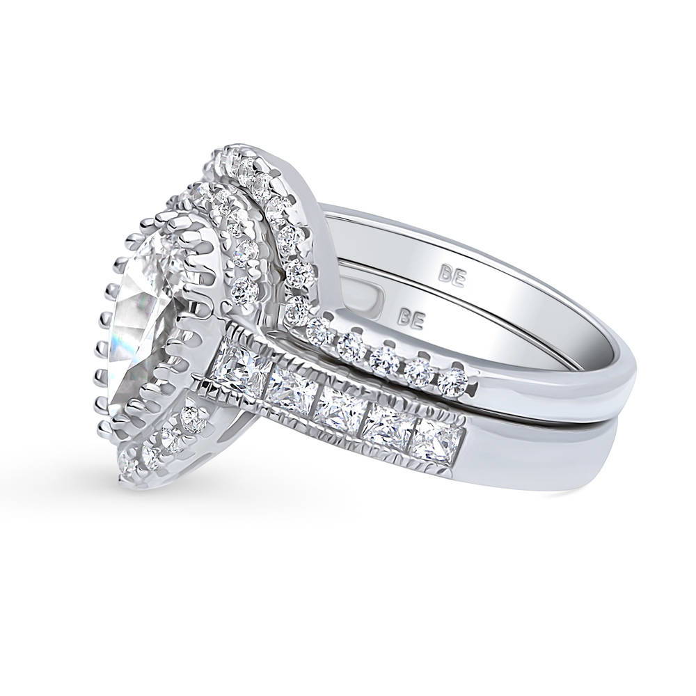 Halo Milgrain Pear CZ Ring Set in Sterling Silver
