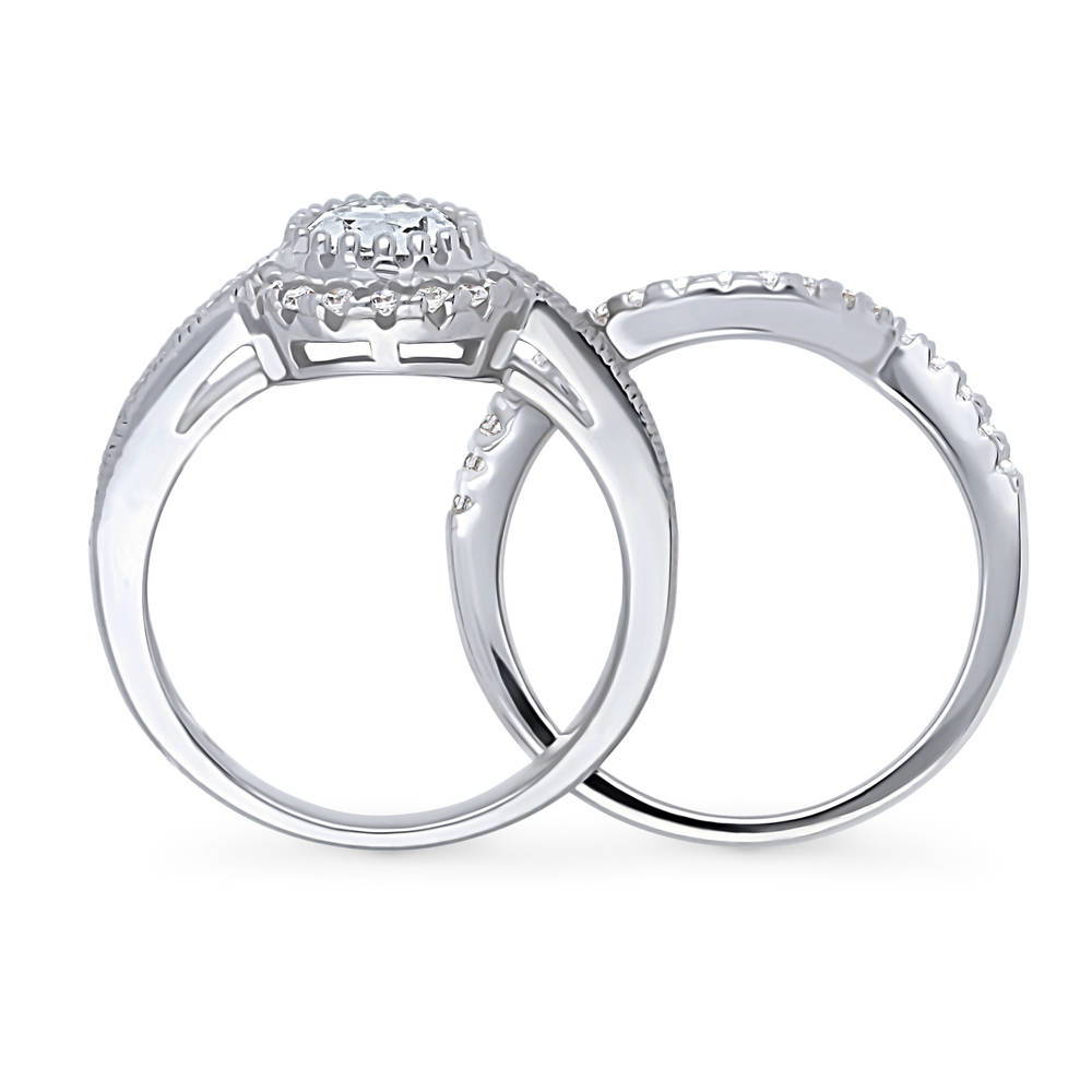Halo Milgrain Pear CZ Ring Set in Sterling Silver