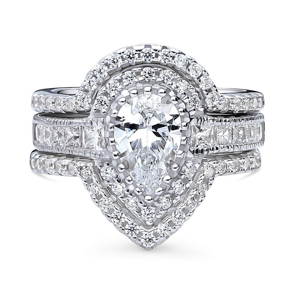 Halo Milgrain Pear CZ Ring Set in Sterling Silver