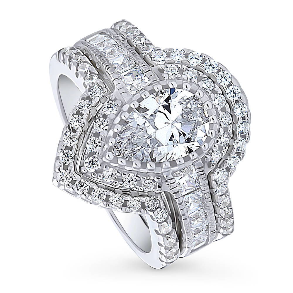 Halo Milgrain Pear CZ Ring Set in Sterling Silver