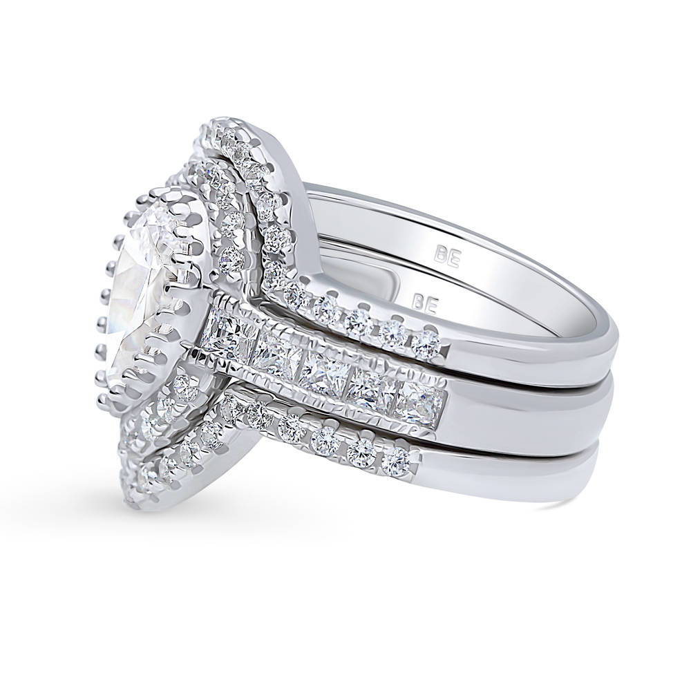 Halo Milgrain Pear CZ Ring Set in Sterling Silver