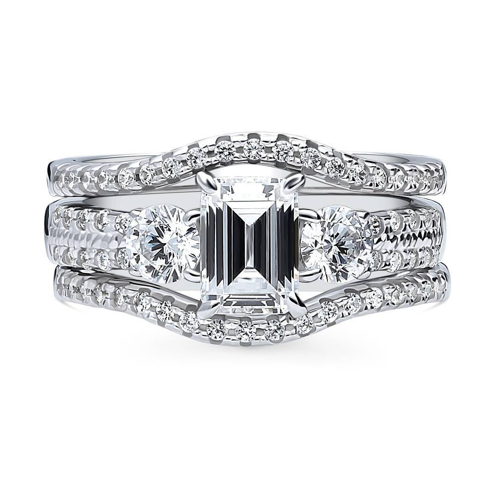 3-Stone Emerald Cut CZ Ring Set in Sterling Silver