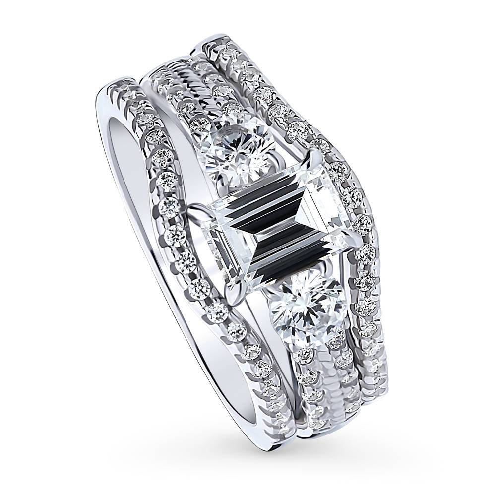 3-Stone Emerald Cut CZ Ring Set in Sterling Silver