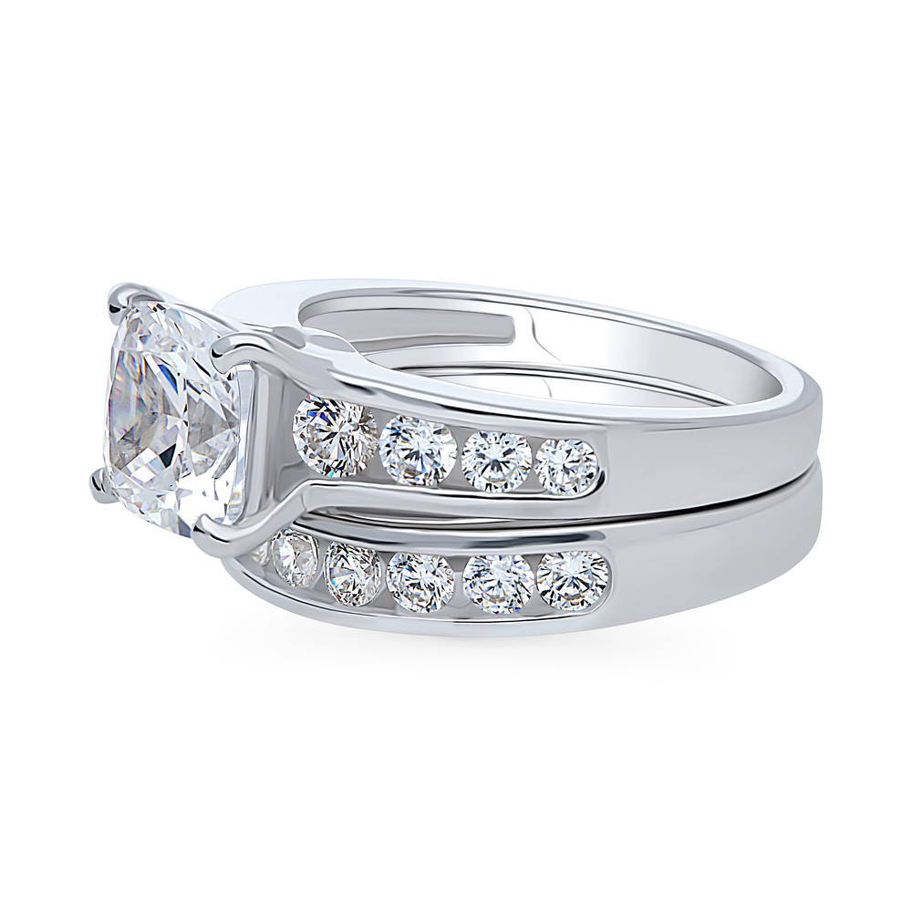 Angle view of Solitaire 3ct Cushion CZ Ring Set in Sterling Silver, 5 of 16