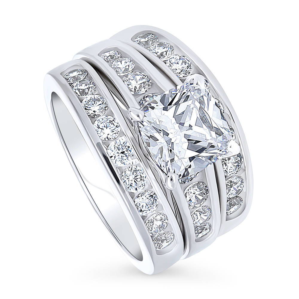 Front view of Solitaire 3ct Cushion CZ Ring Set in Sterling Silver, 4 of 16