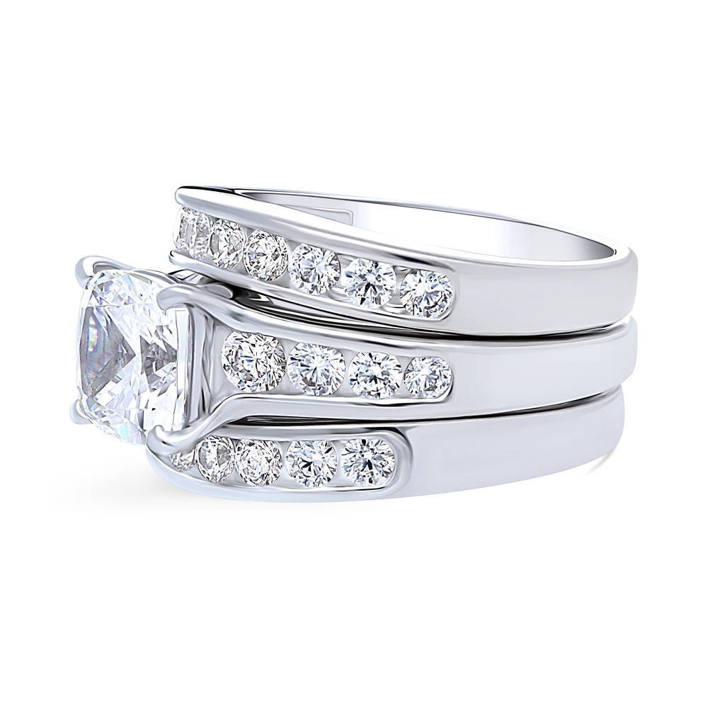 Angle view of Solitaire 3ct Cushion CZ Ring Set in Sterling Silver, 5 of 16
