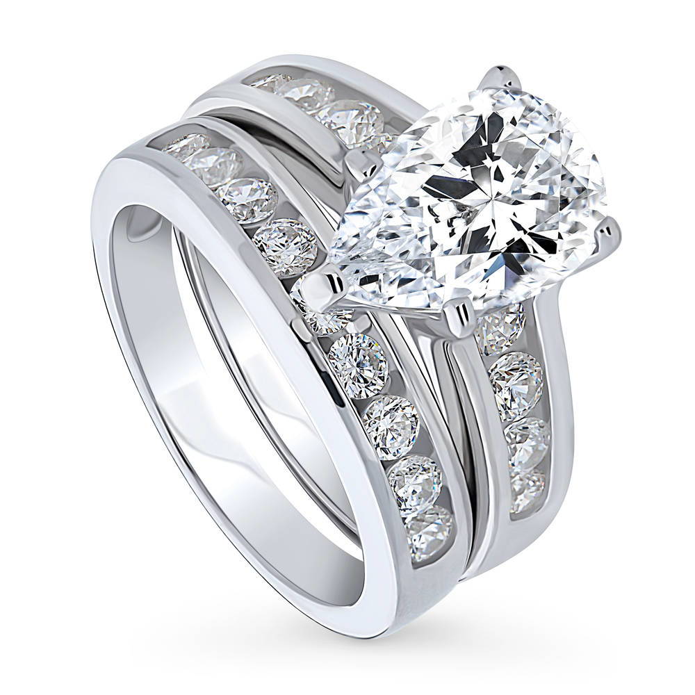 Solitaire 3ct Pear CZ Ring Set in Sterling Silver