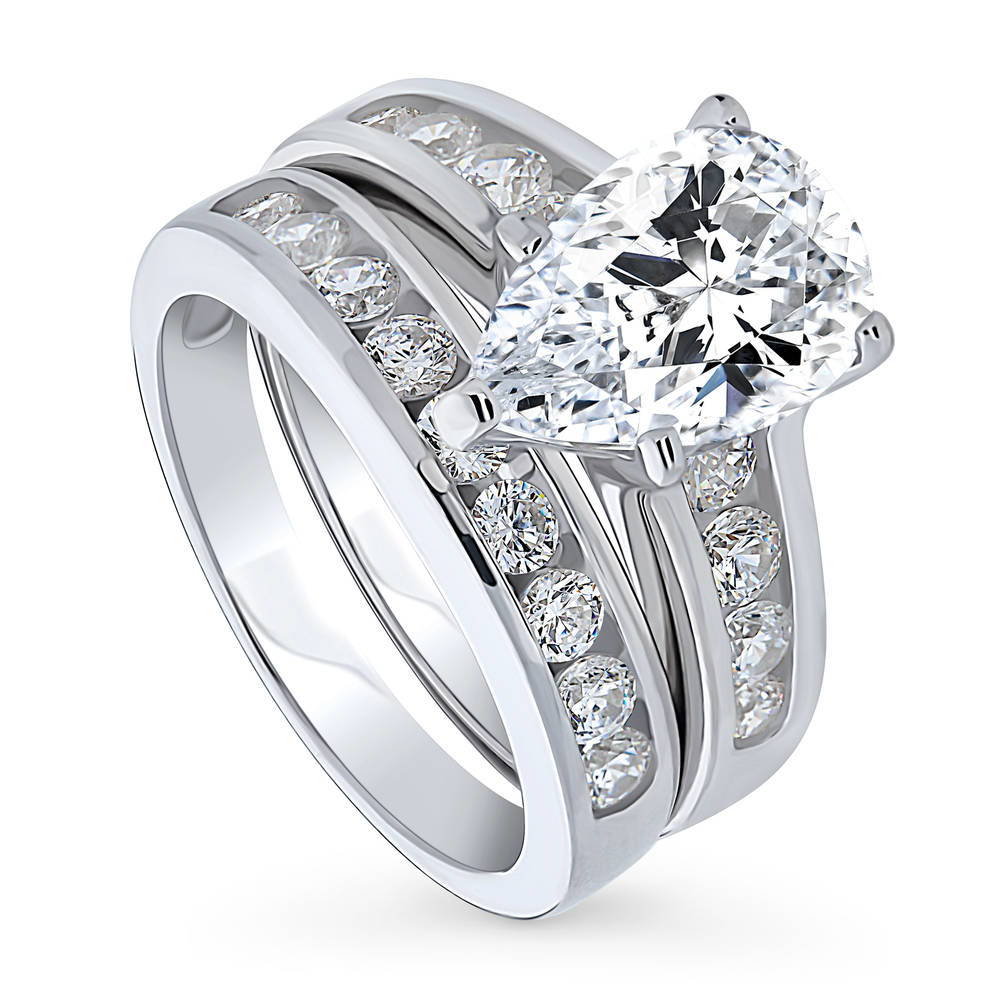 Front view of Solitaire 3ct Pear CZ Ring Set in Sterling Silver, 4 of 17