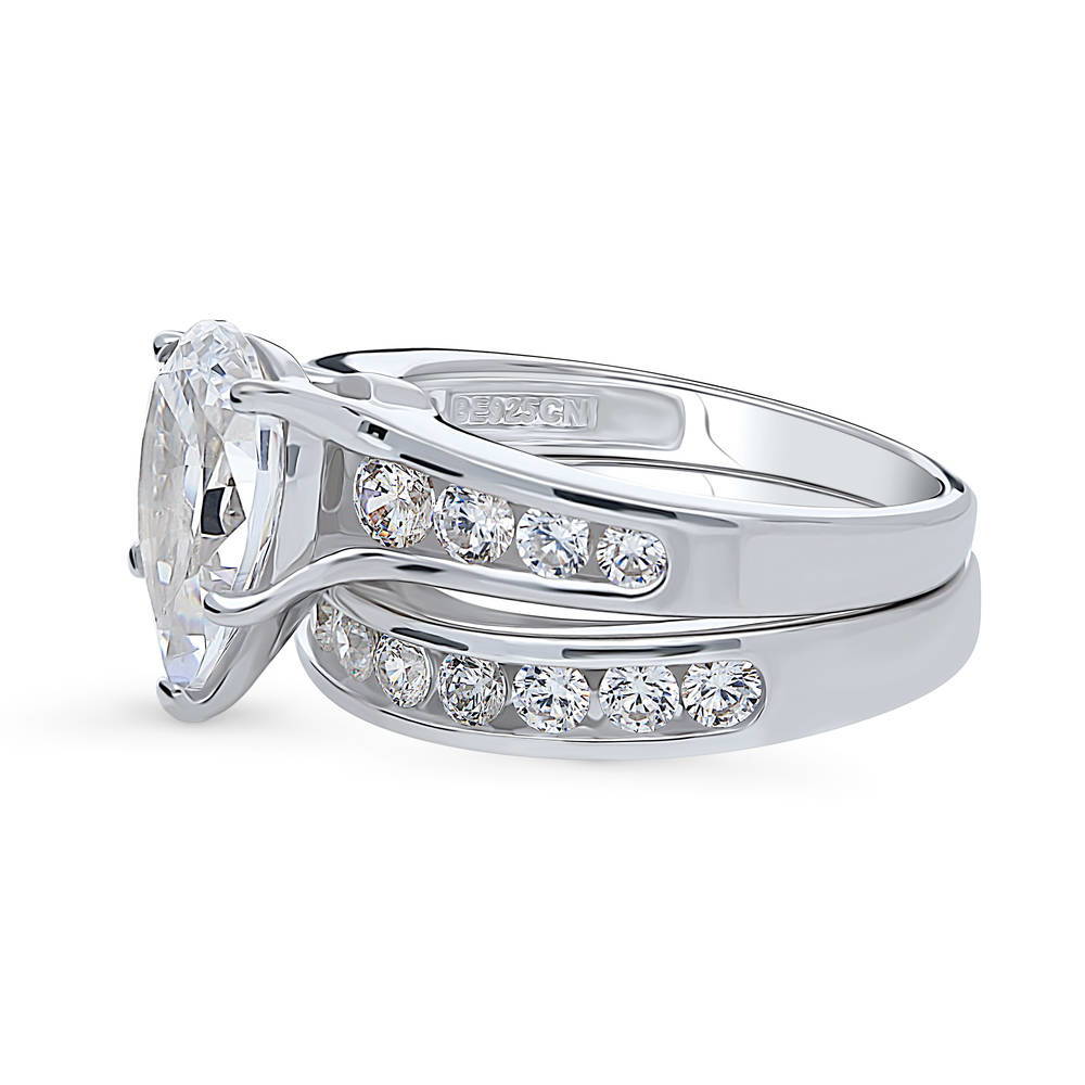 Angle view of Solitaire 3ct Pear CZ Ring Set in Sterling Silver, 5 of 17