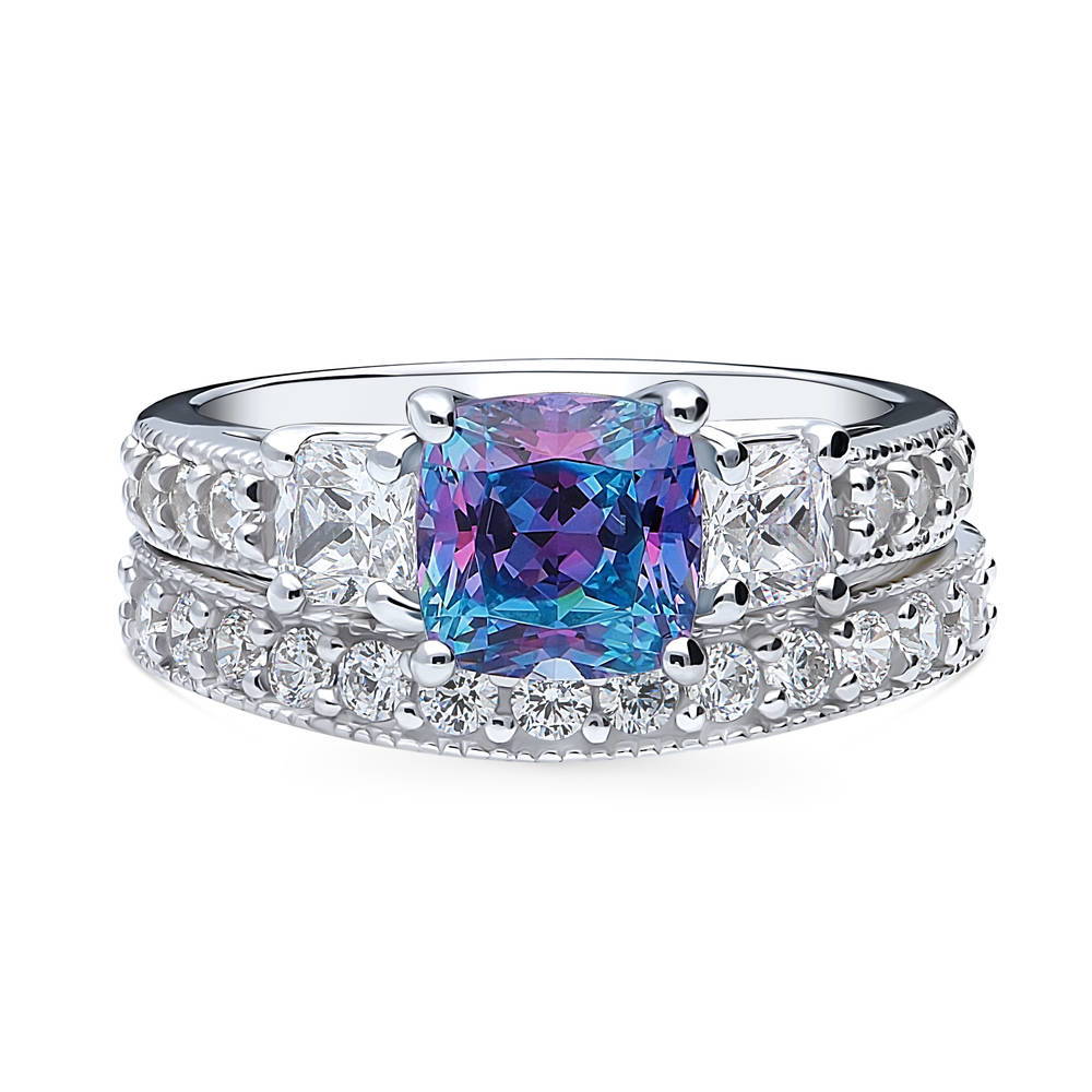 3-Stone Kaleidoscope Purple Aqua Cushion CZ Ring Set in Sterling Silver