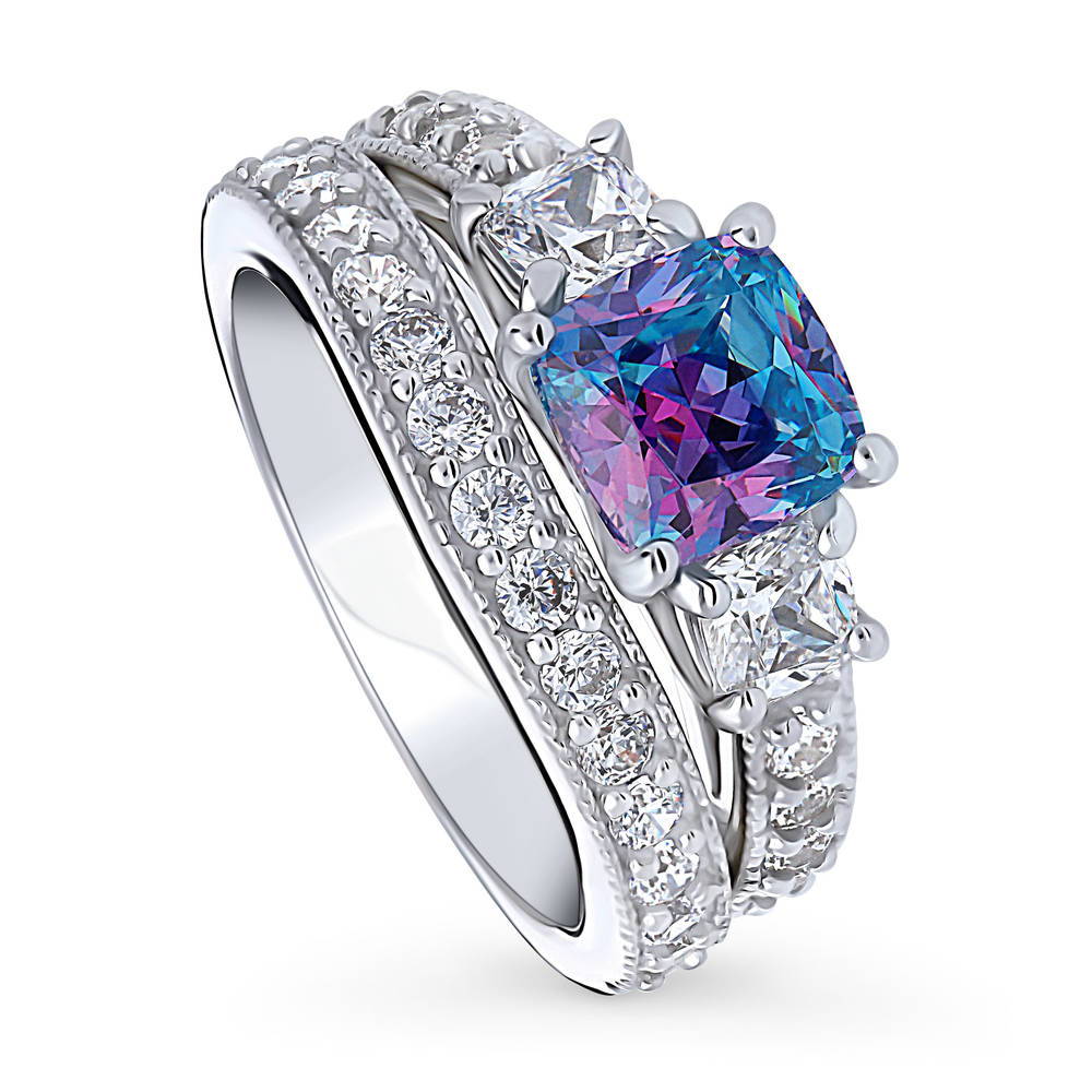 3-Stone Kaleidoscope Purple Aqua Cushion CZ Ring Set in Sterling Silver