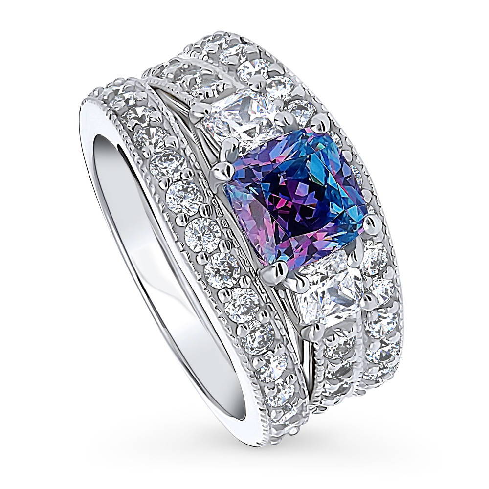 Front view of 3-Stone Kaleidoscope Purple Aqua Cushion CZ Ring Set in Sterling Silver, 4 of 13