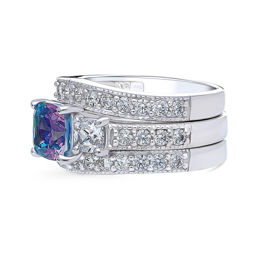 Angle view of 3-Stone Kaleidoscope Purple Aqua Cushion CZ Ring Set in Sterling Silver, 5 of 13