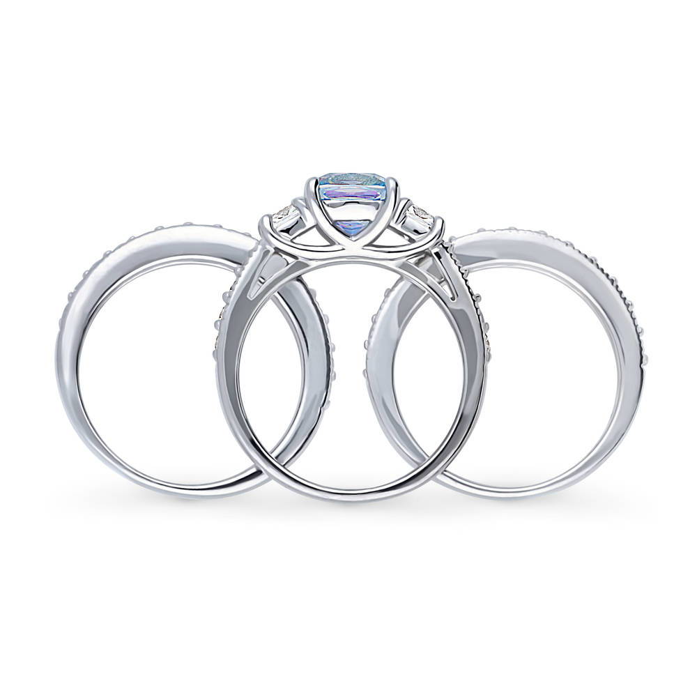 Alternate view of 3-Stone Kaleidoscope Purple Aqua Cushion CZ Ring Set in Sterling Silver, 8 of 13