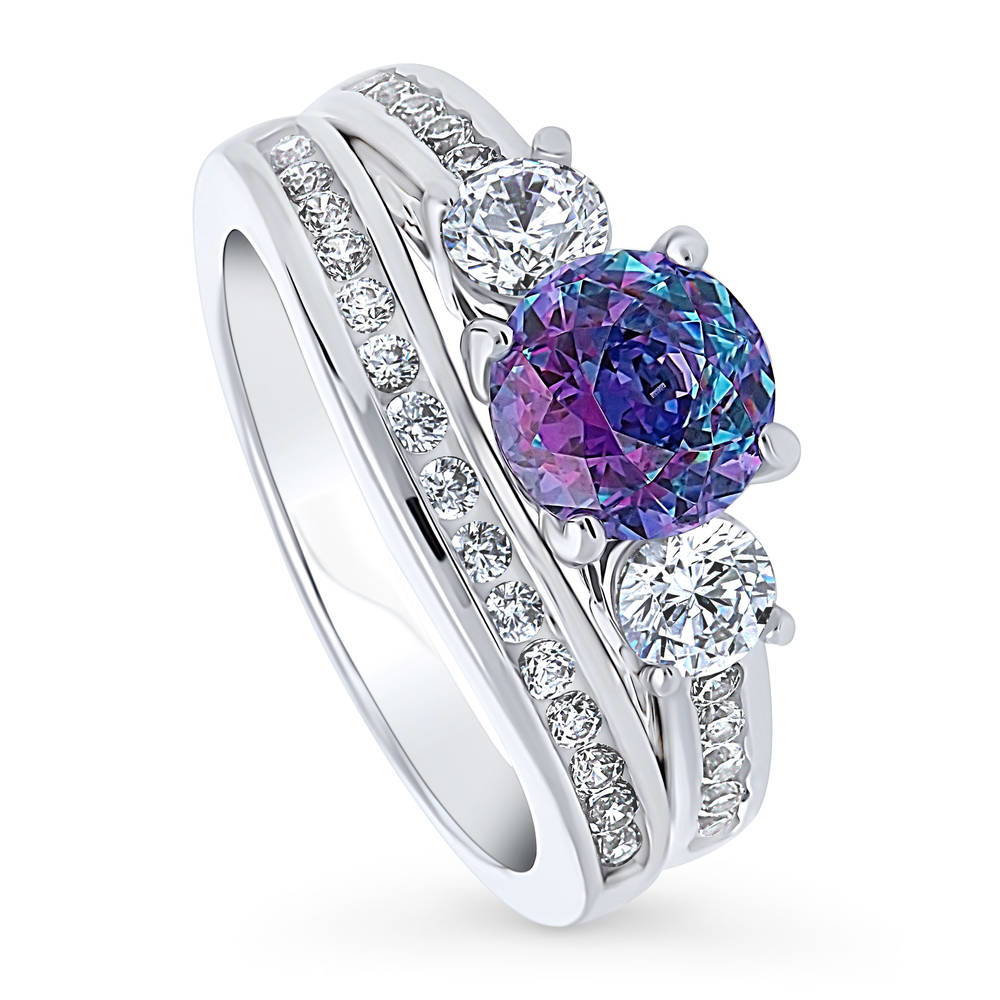 3-Stone Kaleidoscope Purple Aqua Round CZ Ring Set in Sterling Silver