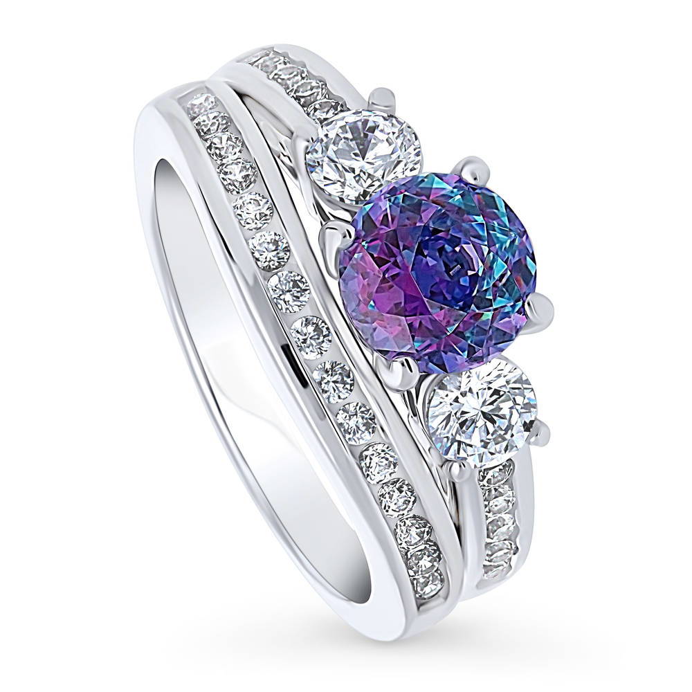Front view of 3-Stone Kaleidoscope Purple Aqua Round CZ Ring Set in Sterling Silver, 4 of 16