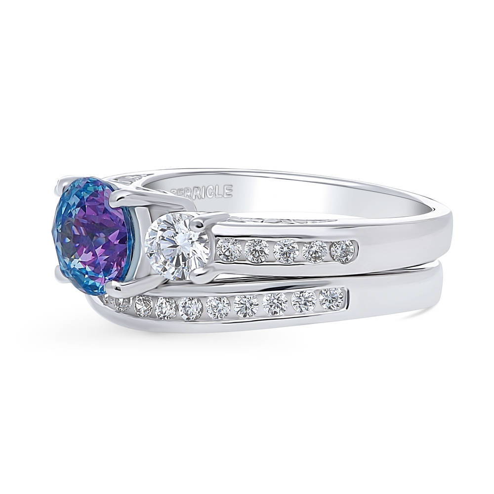 Angle view of 3-Stone Kaleidoscope Purple Aqua Round CZ Ring Set in Sterling Silver, 5 of 16