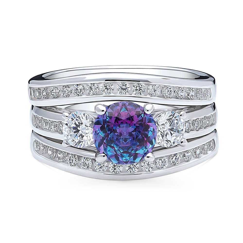 3-Stone Kaleidoscope Purple Aqua Round CZ Ring Set in Sterling Silver