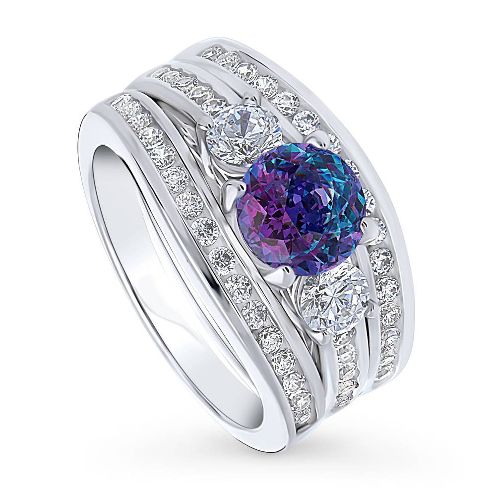 Front view of 3-Stone Kaleidoscope Purple Aqua Round CZ Ring Set in Sterling Silver, 4 of 16