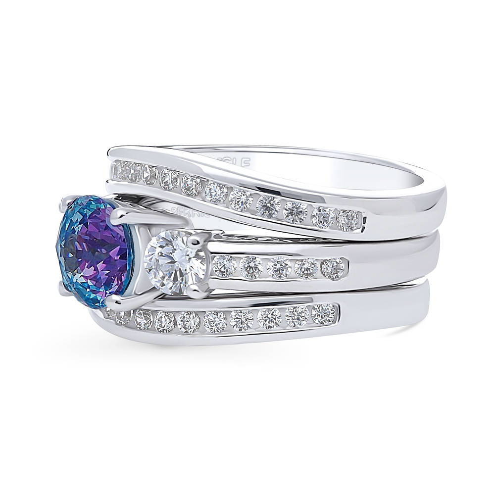 3-Stone Kaleidoscope Purple Aqua CZ Ring Set in Sterling Silver