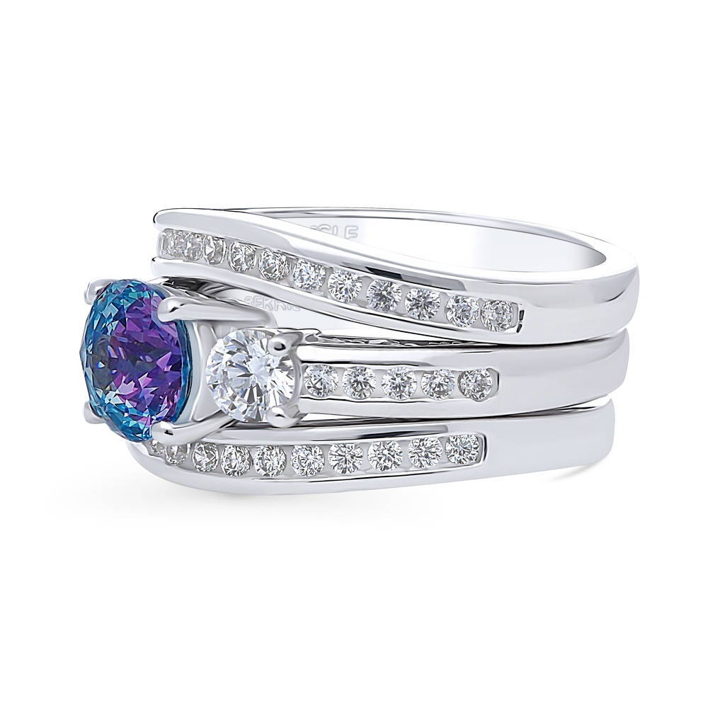 Angle view of 3-Stone Kaleidoscope Purple Aqua Round CZ Ring Set in Sterling Silver, 5 of 16