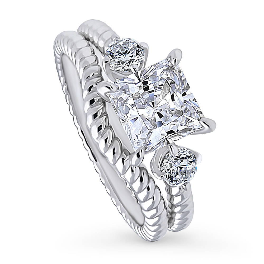 3-Stone Woven 2ct Princess CZ Ring Set in Sterling Silver