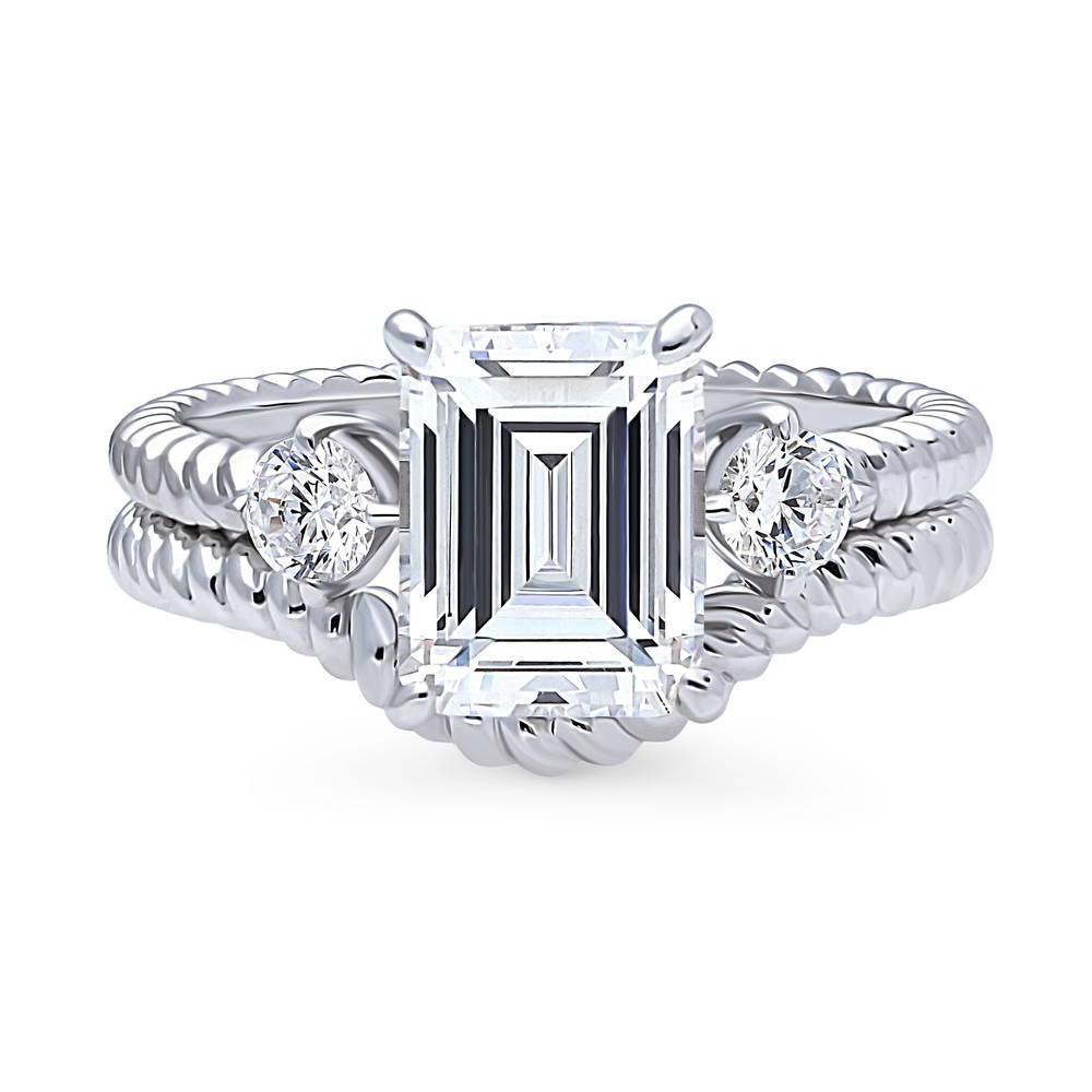 3-Stone Chevron Emerald Cut CZ Ring Set in Sterling Silver