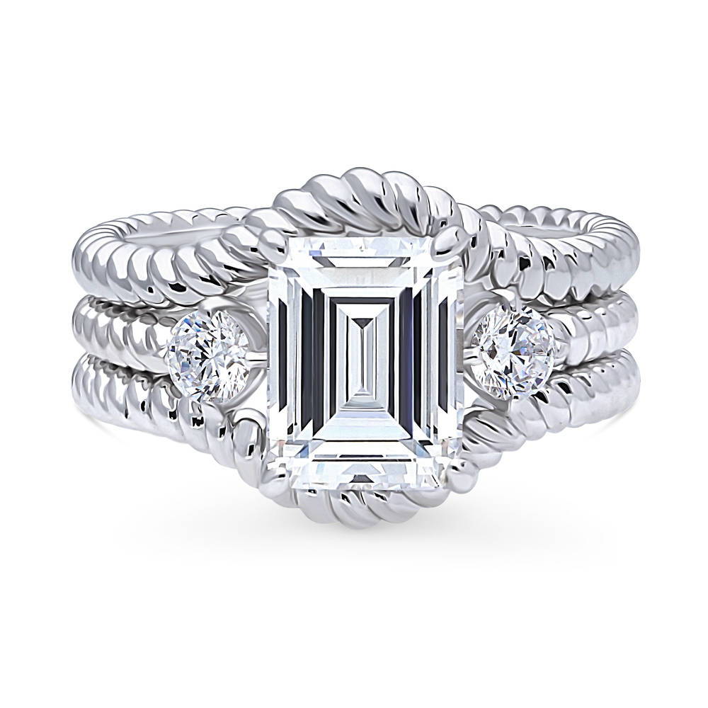 3-Stone Chevron Emerald Cut CZ Ring Set in Sterling Silver