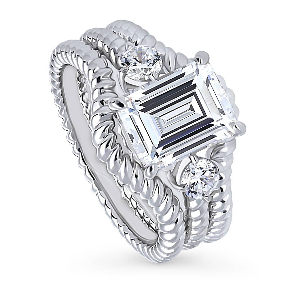 3-Stone Chevron Emerald Cut CZ Ring Set in Sterling Silver