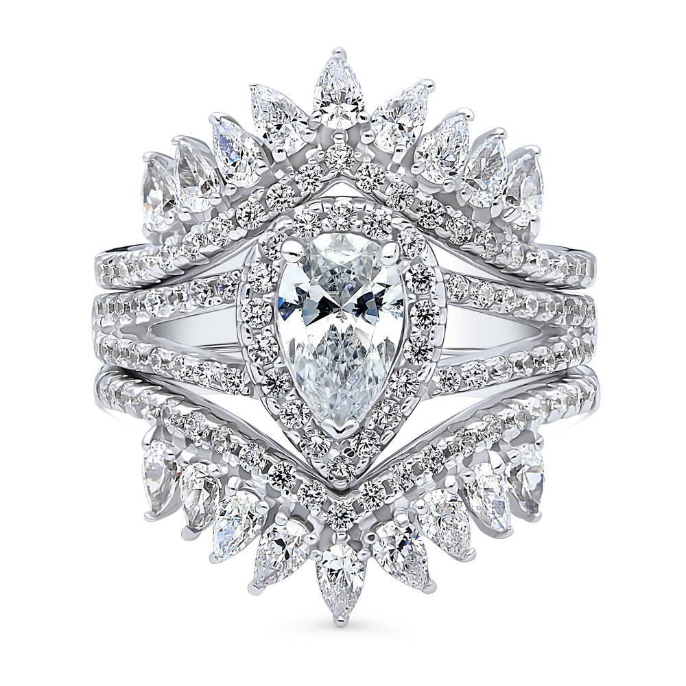 Halo Pear CZ Split Shank Ring Set in Sterling Silver