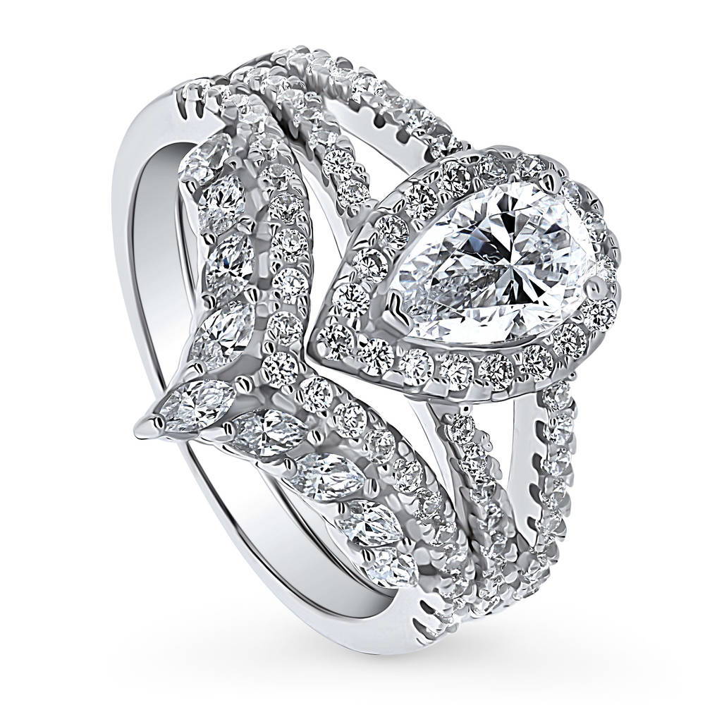 Halo Pear CZ Split Shank Ring Set in Sterling Silver