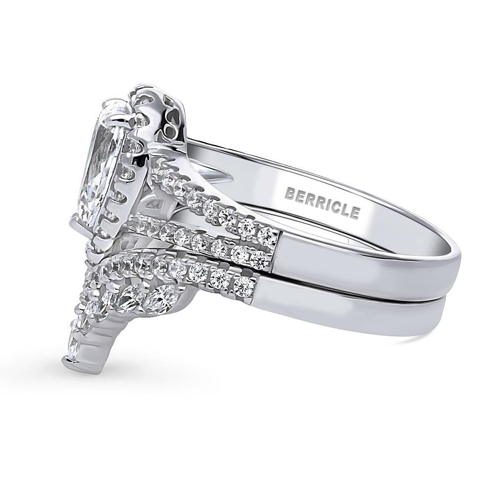 Halo Wishbone Pear CZ Split Shank Ring Set in Sterling Silver