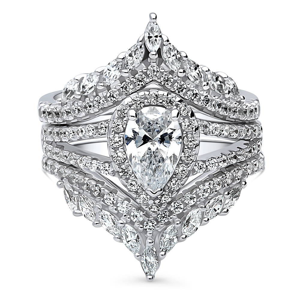 Halo Wishbone Pear CZ Split Shank Ring Set in Sterling Silver