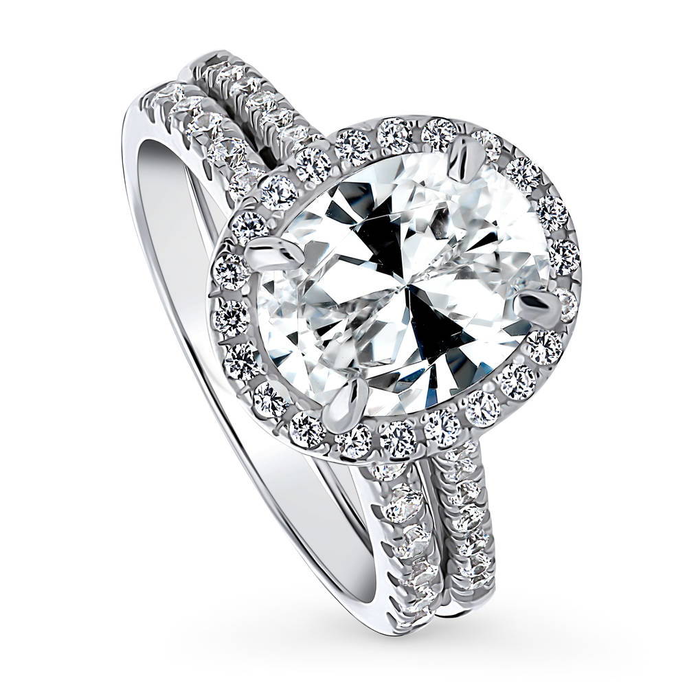 Halo Oval CZ Ring Set in Sterling Silver