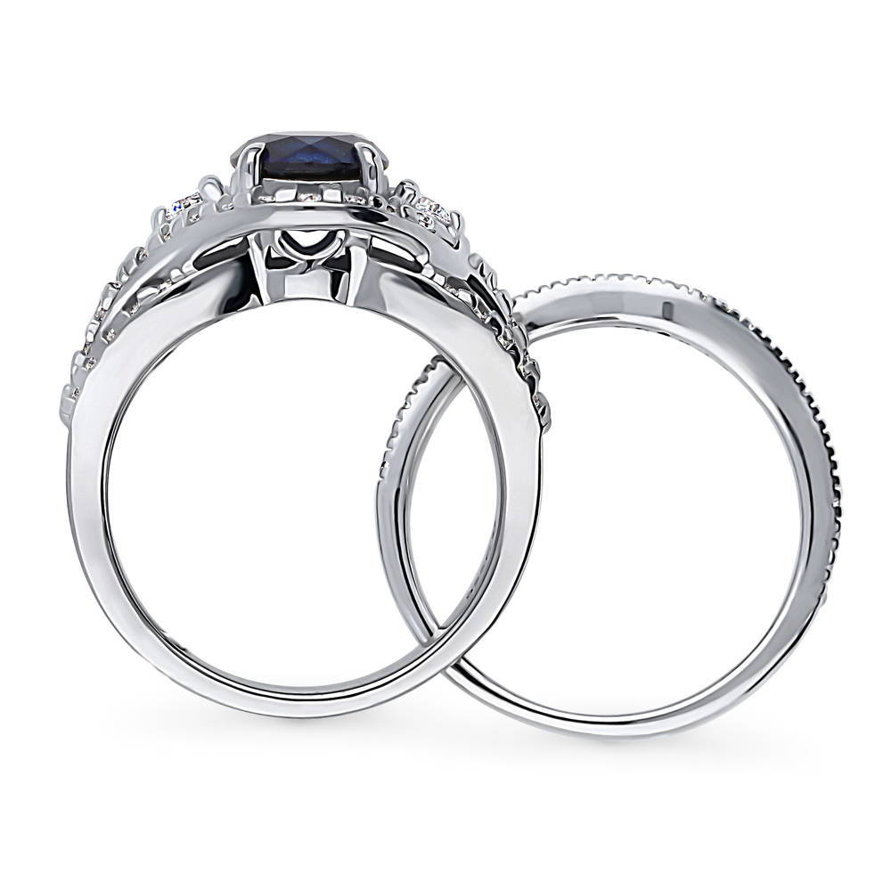 3-Stone Woven Halo Sapphire-Blue CZ Ring Set in Sterling Silver