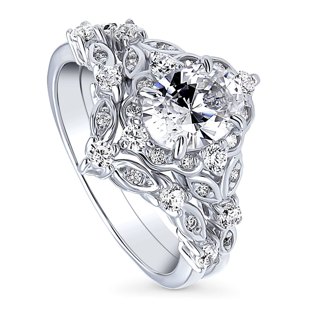Chevron Halo CZ Ring Set in Sterling Silver