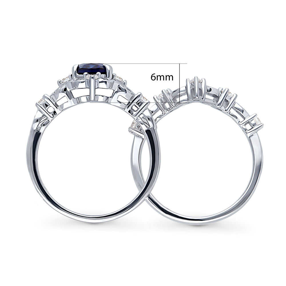 Chevron Halo Simulated Blue Sapphire CZ Ring Set in Sterling Silver