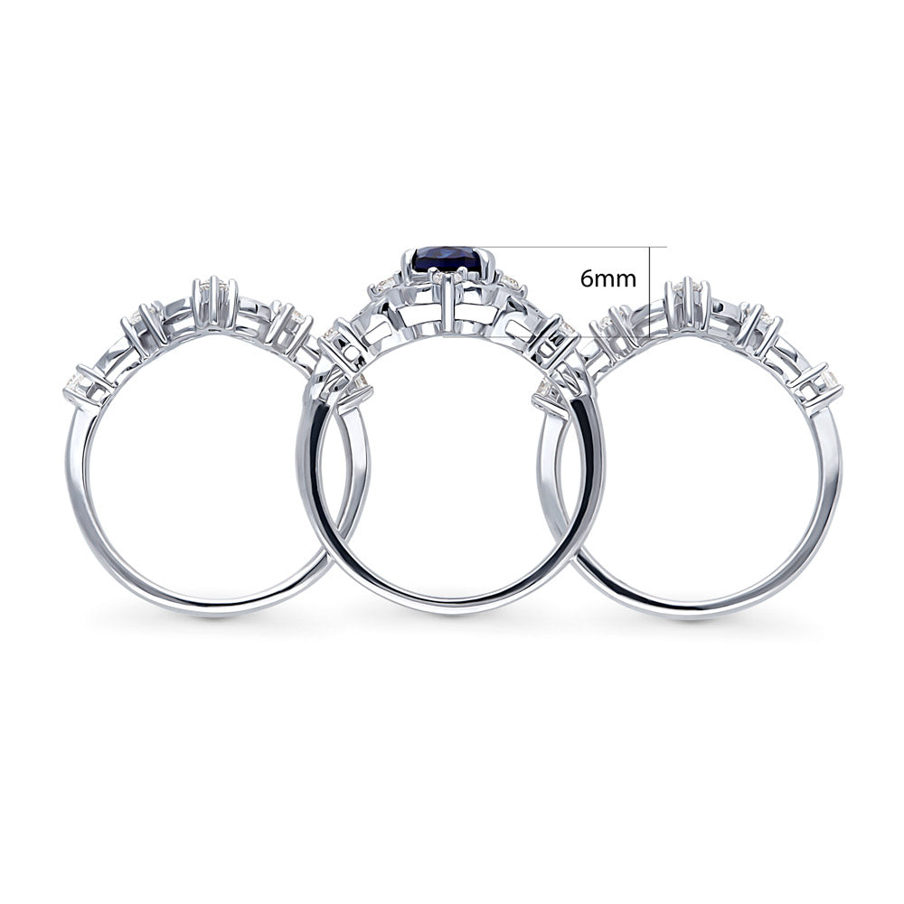 Chevron Halo Simulated Blue Sapphire CZ Ring Set in Sterling Silver