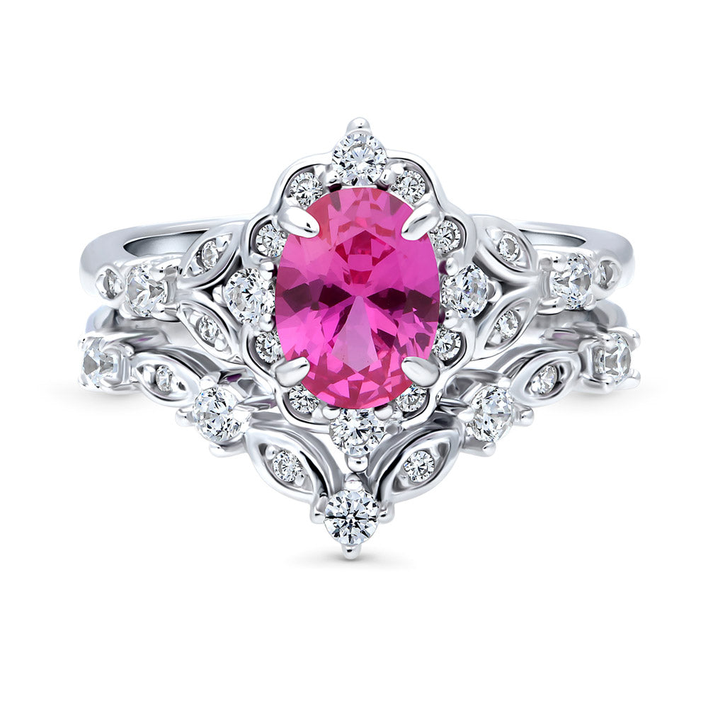 Chevron Halo Pink CZ Ring Set in Sterling Silver