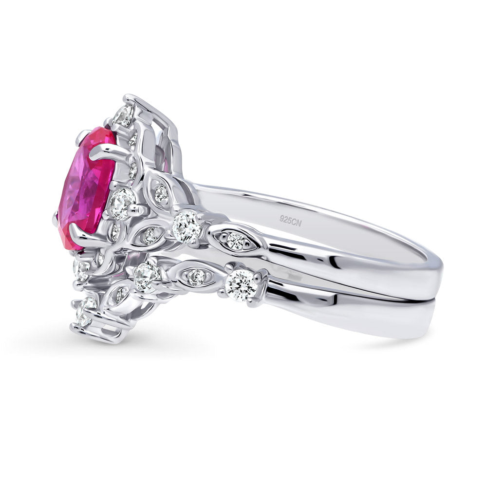 Chevron Halo Pink CZ Ring Set in Sterling Silver
