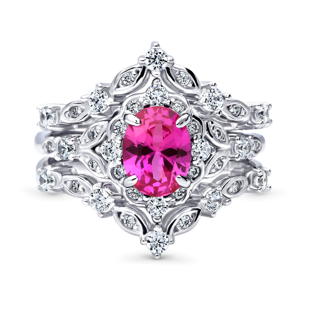 Chevron Halo Pink CZ Ring Set in Sterling Silver