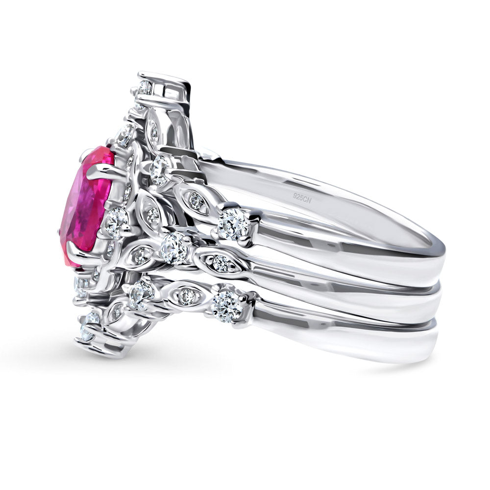 Chevron Halo Pink CZ Ring Set in Sterling Silver