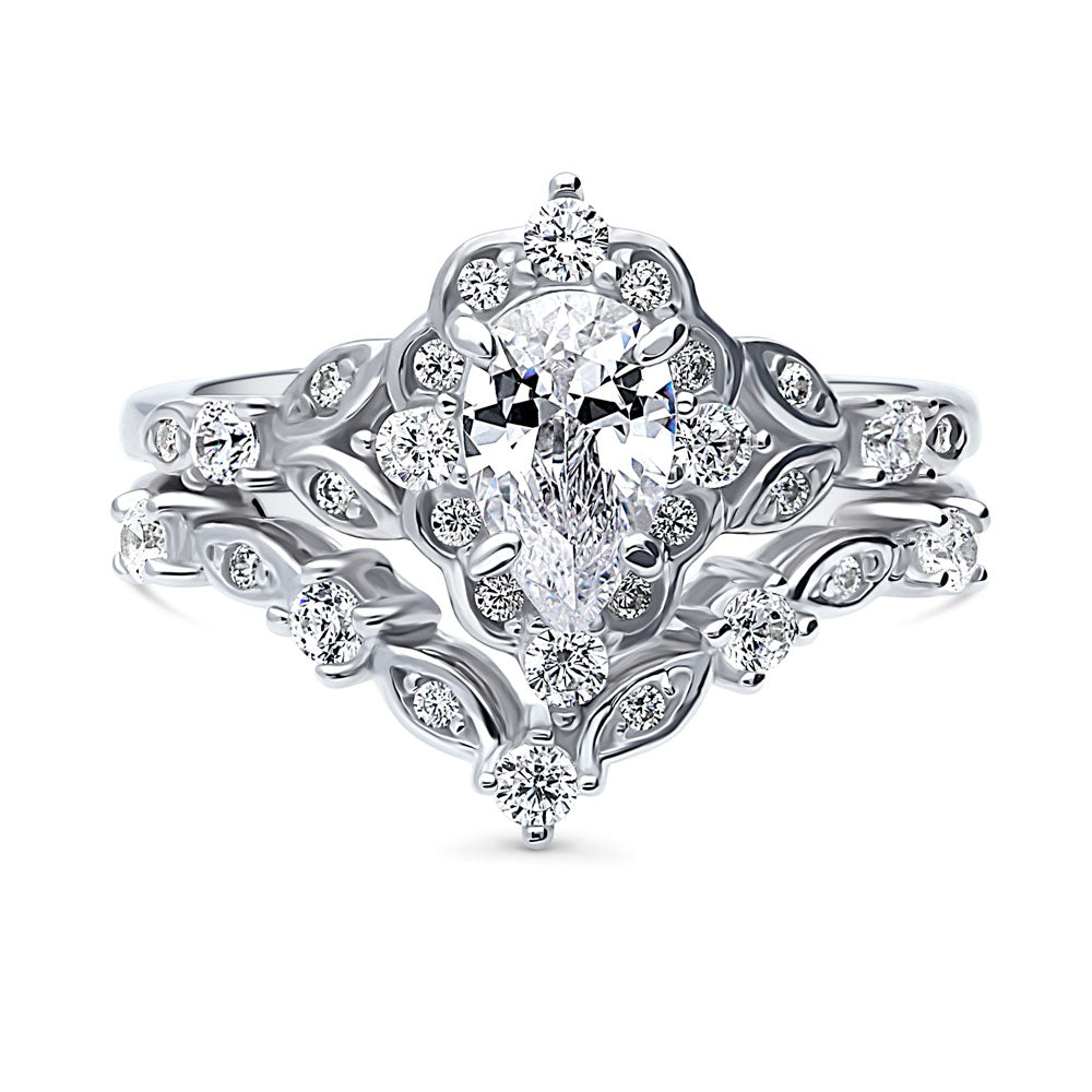 Halo Art Deco Chevron V Shaped CZ Ring Set in Sterling Silver